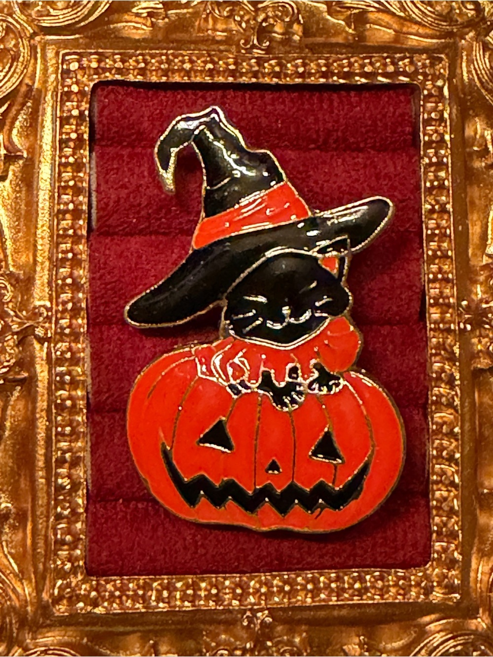 Black Cat Pumpkin Witch Brooch Pin Orange & Black Halloween Spooky